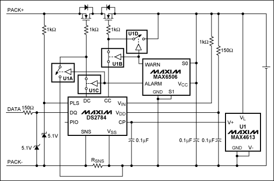 圖1. 在DS2784應(yīng)用電路中加入MAX6506和MAX4613實(shí)現(xiàn)可編程的熱保護(hù)(開(kāi)關(guān)U1A-U1D表示MAX4613內(nèi)的4個(gè)開(kāi)關(guān))。