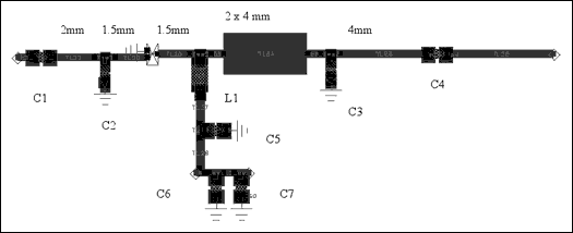 圖4. 2mm x 4mm短截線的布線圖(0.4mm引線電阻為50Ω，微帶線的長度標(biāo)在圖上)