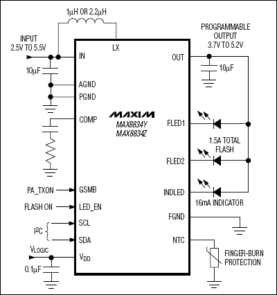 MAX8834、MAX8834Y、MAX8834Z：典型工作電路