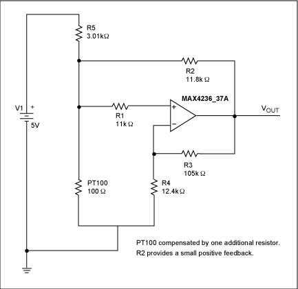 圖4. 該模擬電路對RTD進行線性化補償。