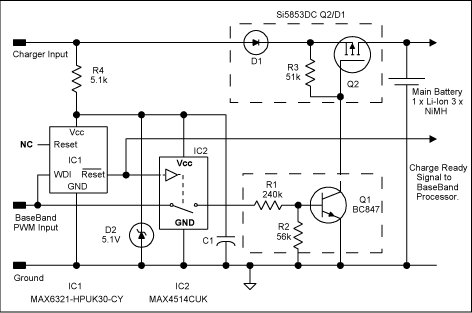 圖2、在圖1電路中添加IC1、IC2，在處理器停止工作時提供電池保護。