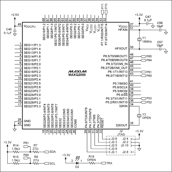 圖3. 該原理圖(基于MAXQ2000低功耗LCD μC)提供了一個(gè)能夠工作在標(biāo)準(zhǔn)、快速或Hs模式的I2C主機(jī)