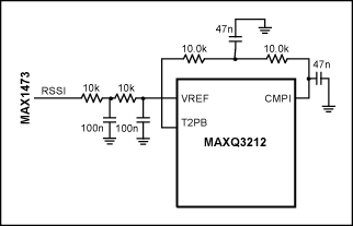 圖9. 使用MAXQ3212上的比較器測量模擬信號強度。