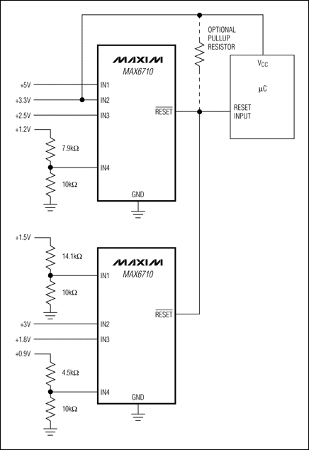 圖1. 利用兩片漏極開(kāi)路輸出的多電壓監(jiān)控器監(jiān)控8路電壓，提供單個(gè)復(fù)位輸出。