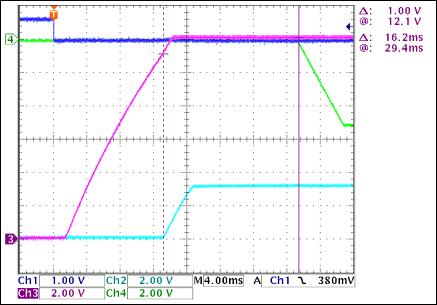 圖3. +3.3V至-5V接通延時，沒有負(fù)載Ch1 = Q8BASE, Ch2 = +3.3VOUT, Ch3 = +12VOUT, Ch4 = -5VOUT注釋：+3.3VOUT和-5VOUT之間有16.2ms延時。
