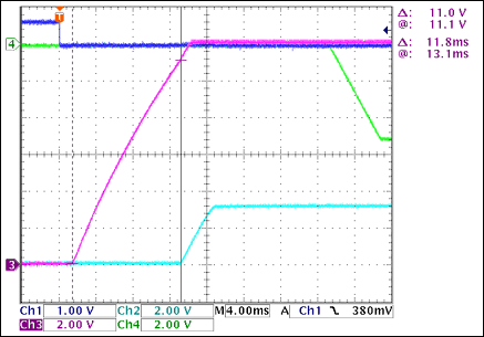 圖2. +12V至+3.3V接通延時，沒有負(fù)載Ch1 = Q8BASE(CARD_PRESENT), Ch2 = +3.3VOUT, Ch3 = +12VOUT, Ch4 = -5VOUT注釋：+12VOUT和+3.3VOUT之間有11.8ms延時。