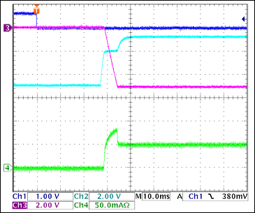 圖10. -5V接通波形，100Ω阻性負(fù)載 = 50mA Ch1 = Q8BASE, Ch2 = -5VGATE, Ch3 = -5VOUT, Ch4 = IIN(-5V) 注釋：-5V擺率大約為1V/ms。