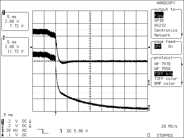 圖4. C1 = 22μF時(shí)，改進(jìn)后的應(yīng)用電路在移除充電電源后的瞬態(tài)波形