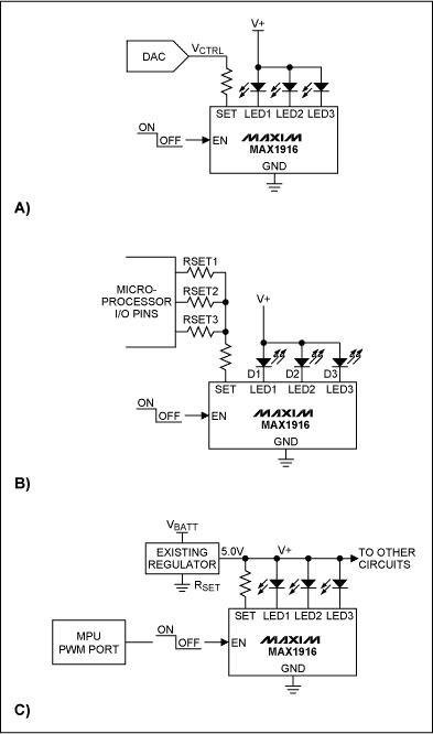 圖5. MAX1916驅(qū)動白光LED時的三種電流調(diào)節(jié)方法。