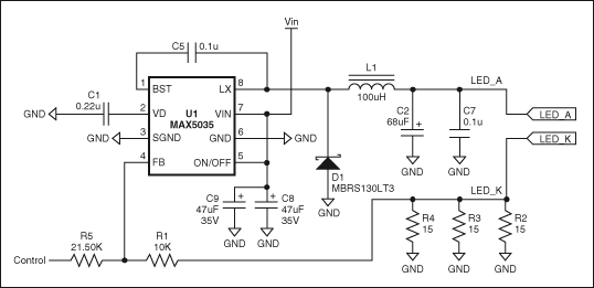 圖1. 通過調(diào)節(jié)控制電壓(0V至3.9V)，MAX5035 LED電流驅(qū)動器能夠在LED_A和LED_K端產(chǎn)生近似350mA至0mA的輸出電流。