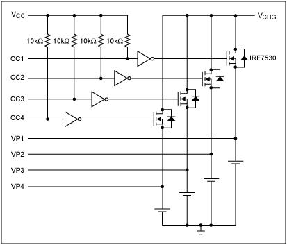 圖1. DS2714應(yīng)用電路，圖中利用nMOS晶體管代替了pnp晶體管
