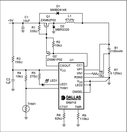 圖7. USB端口對(duì)單節(jié)NiMH電池快速充電的原理圖。