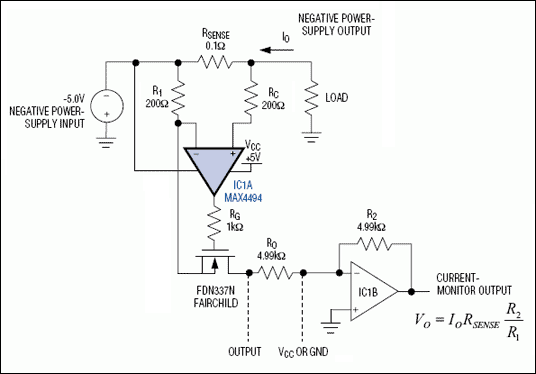 圖1. 這個電流檢測電路監(jiān)視負電源，并提供一個正比于負載電流的正輸出電壓