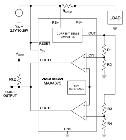 圖2b. 電流窗檢測電路(包括R1-R4，比較器和基準(zhǔn)源)，檢測開路/短路故障。