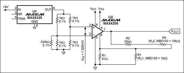圖6. MAX4208配合外置rejustor和電阻實現1000V/V增益