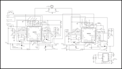 圖10. 多DSL (VDSL/ADSL)電源管理。輸入：5.5V至7V, 輸出: VOUT1 = 1.2V/1.5A, VOUT2 = 1.8V/1A, VOUT3 = 3.3V/1A, VOUT4 = 12.8V/200mA。每個變換器的開關頻率為2.2MHz，組合開關頻率相當于8.8MHz。開關頻率與系統(tǒng)時鐘同步。