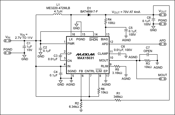 圖1. MAX15031升壓轉(zhuǎn)換器原理圖，F(xiàn)SW = 400kHz (固定)。