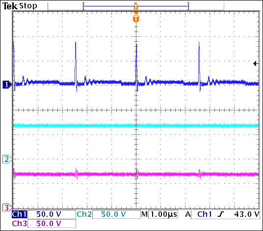 圖3. VIN = 3.3V、APD電流為4mA時的LX節(jié)點(diǎn)電壓(通道1)、VOUT (通道2)和APD輸出(通道3)。