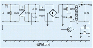 圖2：進(jìn)行過電磁兼容設(shè)計(jì)后的反激式開關(guān)電源電氣原理圖。