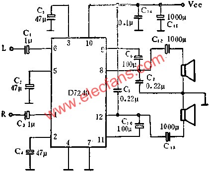D7240音頻功率放大電路作立體聲功率放大的應(yīng)用  www.brongaenegriffin.com