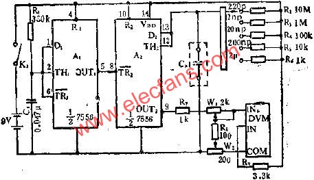 CC7556雙定時器在數(shù)字電容表中的應用電路圖  www.brongaenegriffin.com