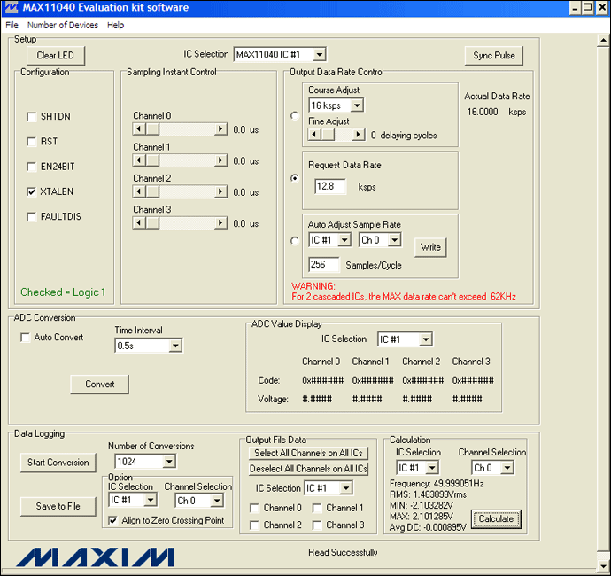 圖4. MAX11040EVKIT GUI允許用戶方便地設(shè)置各種測量條件：12.8ksps、256采樣點(diǎn)/周期和1024次轉(zhuǎn)換。此外，GUI的計(jì)算部分提供了一個(gè)進(jìn)行快速工程運(yùn)算的便捷工具。