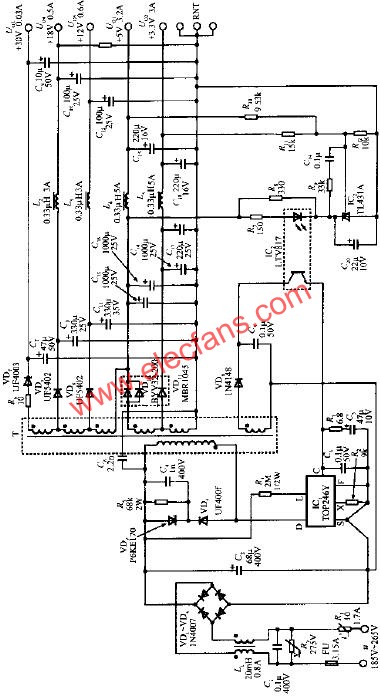 由TOP246Y構(gòu)成的45W多路輸出式開關(guān)電源電路  www.brongaenegriffin.com