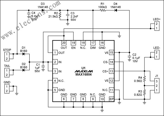 MAX16804高亮度LED驅(qū)動器評估板電路原理圖