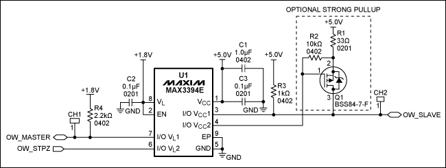 圖1. 1-Wire雙向電平(1.8V至5V)轉(zhuǎn)換器電路原理圖，注意，引腳I/O VL和I/O VCC具有10kΩ內(nèi)部上拉。