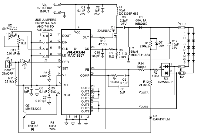 圖2. 采用MAX16807 SEPIC LED驅(qū)動(dòng)器的圖1電路原理圖(VIN = 8V至18V，VLED = 22V [自適應(yīng)]，ILED = 150mA/串)。