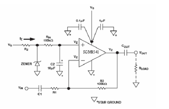 圖4：利用相同的齊納二極管的反相放大器電路的偏置方法。