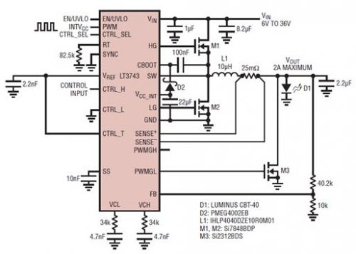 具電流受限并聯(lián)輸出的 6V 至 36V 輸入、2A LED 驅(qū)動器