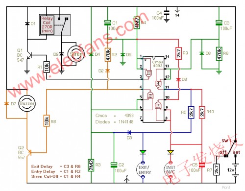 雙區(qū)域報警和警笛截止定時器電路原理圖 來源： 電子發(fā)燒友