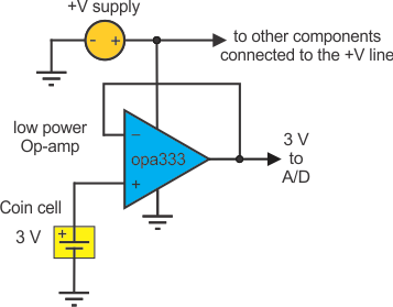 連接 OPA333 單位增益放大器，監(jiān)控紐扣電池電壓