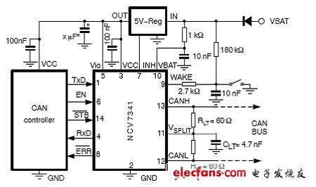 圖2：采用NCV7341的5V CAN控制器應(yīng)用電路圖。（電子系統(tǒng)設(shè)計(jì)）