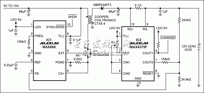 圖1。 這鉛酸電池充電器，適用于高電壓（15V），直到電池充電，然后適用于13.4V保持一個小的涓流充電。