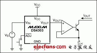 圖2. 利用DS4303和幾個便宜元件構(gòu)成高精度電流源，可吸入電流