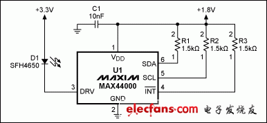 圖1. MAX44000典型電路，包括LED。