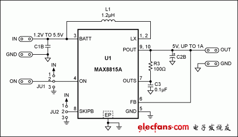 圖2. MAX8815AEVKIT提供所需的5V輸出，無需更改電路