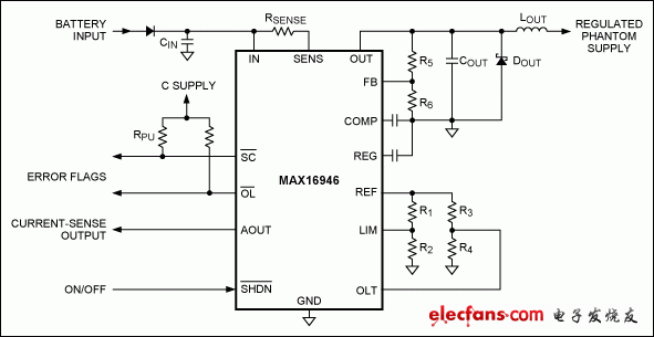 圖1. MAX16946遠端天線CSA和開關(guān)的典型工作電路