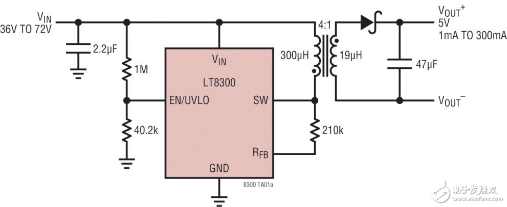 圖1 具主端輸出電壓檢測(cè)功能的 LT8300 反激式轉(zhuǎn)換器