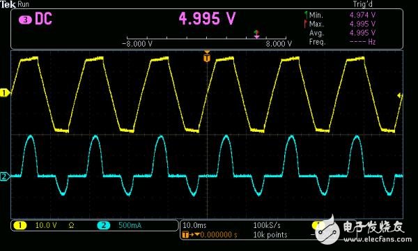 圖6： 使用DVM監(jiān)測DC輸出電壓。AC輸入電壓波形用黃色顯示，電流波形用藍色顯示。