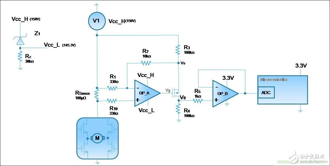 低壓運放如何檢測高壓上橋臂電流？
