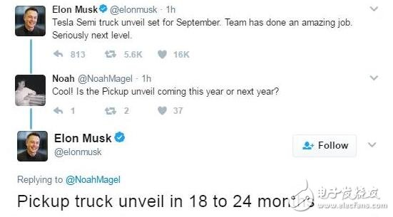 當地時間本周四，特斯拉CEO馬斯克（Elon Musk）通過個人Twitter賬號相繼宣布，今年9月特斯拉將發(fā)布半掛式卡車，將在18到24個月內發(fā)布皮卡。這意味著，在今年7月平價電動汽車Modle 3投產兩個月后，特斯拉家族又會增加新成員。