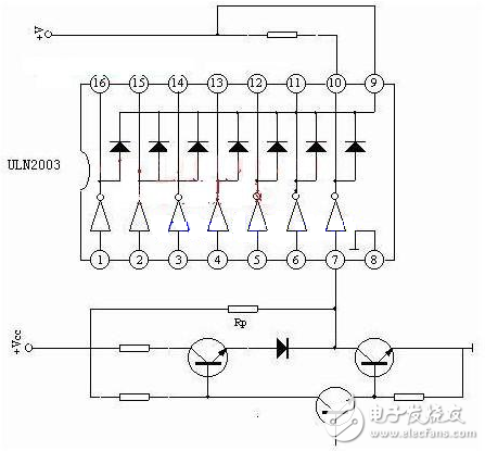 ULN是集成達(dá)林頓管IC，內(nèi)部還集成了一個(gè)消線圈反電動(dòng)勢(shì)的二極管，可用來驅(qū)動(dòng)繼電器。它是雙列16腳封裝，NPN晶體管矩陣，最大驅(qū)動(dòng)電壓=50V，電流=500mA，輸入電壓=5V，適用于TTL COMS，由達(dá)林頓管組成驅(qū)動(dòng)電路。 ULN是集成達(dá)林頓管IC，內(nèi)部還集成了一個(gè)消線圈反電動(dòng)勢(shì)的二極管，它的輸出端允許通過電流為200mA，飽和壓降VCE 約1V左右，耐壓BVCEO 約為36V。用戶輸出口的外接負(fù)載可根據(jù)以上參數(shù)估算。采用集電極開路輸出，輸出電流大，故可直接驅(qū)動(dòng)繼電器或固體繼電器，也可直接驅(qū)動(dòng)低壓燈泡。通常單片機(jī)驅(qū)動(dòng)ULN2003時(shí)，上拉2K的電阻較為合適，同時(shí)，COM引腳應(yīng)該懸空或接電源。