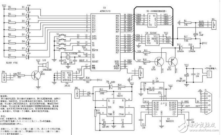 P1口仍接8只LED，P3口仍接4只按鍵開(kāi)關(guān)，P0口和P2口仍接2只LED數(shù)碼管，但改為由P0口直接驅(qū)動(dòng)。與原板完全兼容。新增：MAX232，可與計(jì)算機(jī)進(jìn)行串行通訊，將來(lái)會(huì)考慮加入MON51支持。24C類(lèi)串行芯片插座，可以插入24CXXX類(lèi)芯片，進(jìn)行I2C程序?qū)嶒?yàn)。增加X(jué)25045芯片插座，可以進(jìn)行看門(mén)狗及3線制串行EEPROM的實(shí)驗(yàn)，通過(guò)插針切換，也可不用25045作為復(fù)位芯片，而采用常規(guī)的阻容復(fù)位電路。音樂(lè)接口，可外接一個(gè)小喇叭，做單片機(jī)發(fā)聲實(shí)驗(yàn)。版主打算就用這塊板替代原實(shí)驗(yàn)板，并用它為藍(lán)本編一些C語(yǔ)言講座。