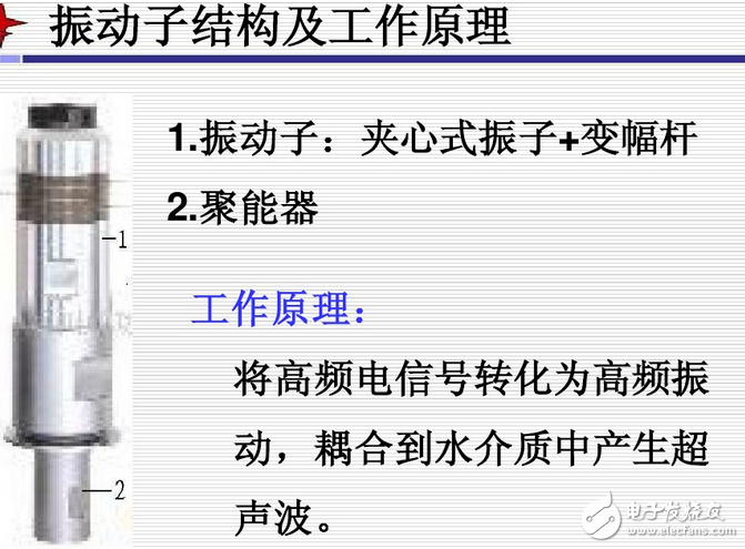 　　1．超聲波發(fā)生器 由電源變壓器及整流系統(tǒng)、振蕩器、推動級、功率放大器及輸出變壓器等組成。  　　2．清洗槽 由不銹鋼槽、復合換能器和匹配電感組成。換能器枯合于不銹鋼槽底部，不銹鋼槽與箱架之間墊有減振裝置。  　　3．箱體 面板上裝有電流表、電源開關(guān)、輸出插座、頻率相功串調(diào)節(jié)旋鈕；其后面裝有電源進線插座及保險管。