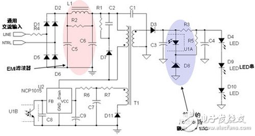 圖3：安森美半導(dǎo)體8?W?LED驅(qū)動應(yīng)用電路示電圖(輸入電壓為85至264?Vac)